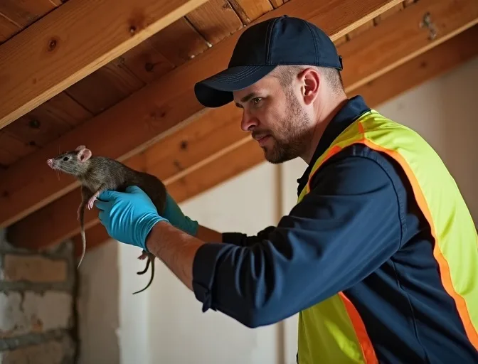 Technician inspecting a roof cavity for a dead rat in Somers